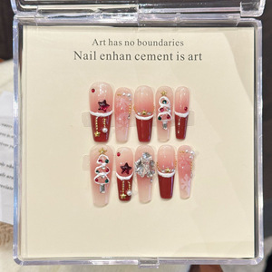 10 <span class=keywords><strong>Uñas</strong></span> Postizas Acrílicas Hechas a Mano con Diseño <span class=keywords><strong>de</strong></span> Copo <span class=keywords><strong>de</strong></span> Nieve 3D Rojo Francés para Navidad, Tamaño Mediano, Cobertura Completa, con Pegamento, Venta al por Mayor - Product Image 6