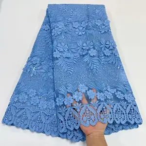 Lantejoulas vestido de noiva de luxo francês bordado africano 2024 tecido de renda de tule de malha azul de alta qualidade