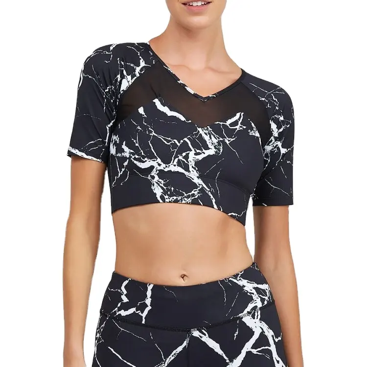 Nem esneklik mermer baskılı spor T gömlek özel kadın kırpma üst T Shirt