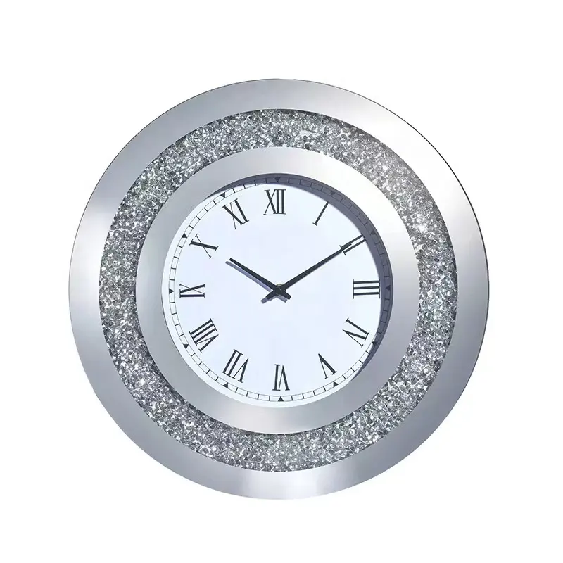 Jozda Silver Round Mirror 15.7inch Crystal Sparkle Twinkle Bling Crush Diamond Mirrored Wall Clock for Wall Decoration