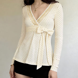 Women Polka Dot Lace <b>Patchwork</b> V Neck Long Sleeve T Shirt Tie Front A Line Knit <b>Top</b> Casual Fashion Tee - Product Image 1