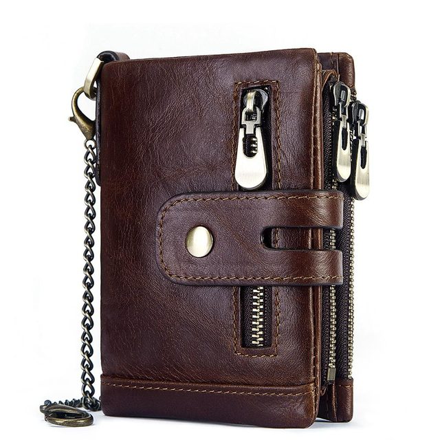 Hot Sale Cowhide Mini Genuine Leather Trifold Wallets for Men RFID Blocking Luxury Custom Zipper Mens Slim Wallet With Chain