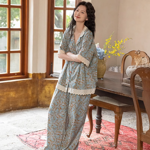 Set Estivo da Casa per Donna, Maniche Corte, Stile Retrò Floreale, Pizzo Sottile, Vita Elastica, <span class=keywords><strong>Jersey</strong></span> Elegante e Dolce, <span class=keywords><strong>Pigiama</strong></span> - Product Image 2