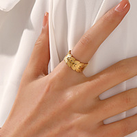 Europäischer und Amerikanischer Mode-Trend: Breiter 18K Vergoldeter Blatt-Ring, Trendiger Nicht-Verblassender Offener Verstellbarer Edelstahl-Ring für Damen