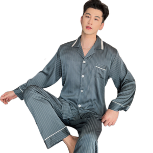 2025 primavera nuovi pantaloni lunghi a maniche lunghe da <span class=keywords><strong>uomo</strong></span> pigiami a righe taglie forti in seta di ghiaccio abbigliamento Casual <span class=keywords><strong>con</strong></span> bottone da casa - Product Image 1