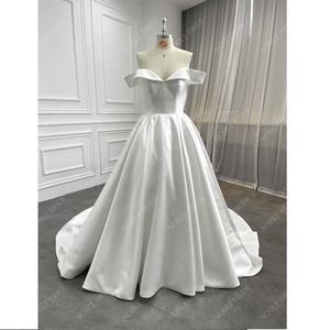 여성 오프 숄더 미카도 포켓 아이보리 라인 사용자 정의 신부 웨딩 원피스 - Product Image 1