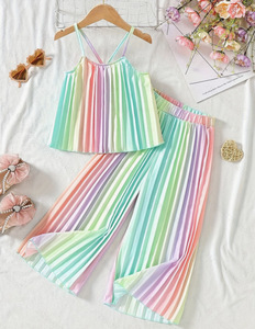 4-7Y abbigliamento estivo per <span class=keywords><strong>bambina</strong></span> bretelle colorate plissettate <span class=keywords><strong>pantaloni</strong></span> larghi 2 pezzi vestiti per bambini - Product Image 3