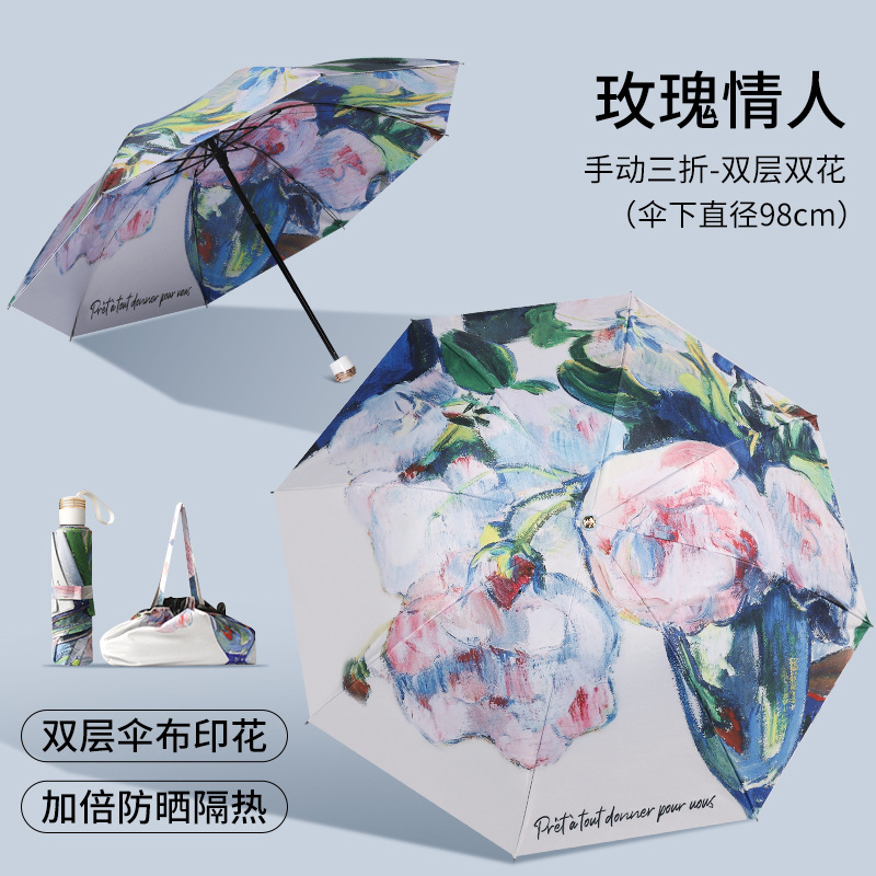 White rose -  black rubber umbrella (with handbag included)