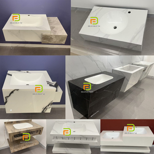 Venta al por mayor mármol piedra sinterizada lavabo gabinete flotante doble fregadero vanidad superficie sólida baño vanidades con espejo LED - Product Image 4