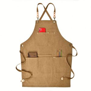 Delantal de algodón ecológico de color liso con logotipo personalizado, ajustable, duradero, ligero, reutilizable, sin mangas, con 4 bolsillos para café - Product Image 3