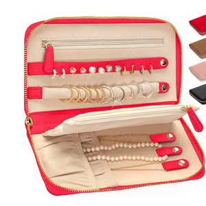 Portable Red Jewelry Travel Case Foldable Roll Bag <strong>Zipper</strong> Portfolio Pouch for Tangle Free Necklace, Earrings, Rings, <strong>Bracelets</strong> - Product Image 1