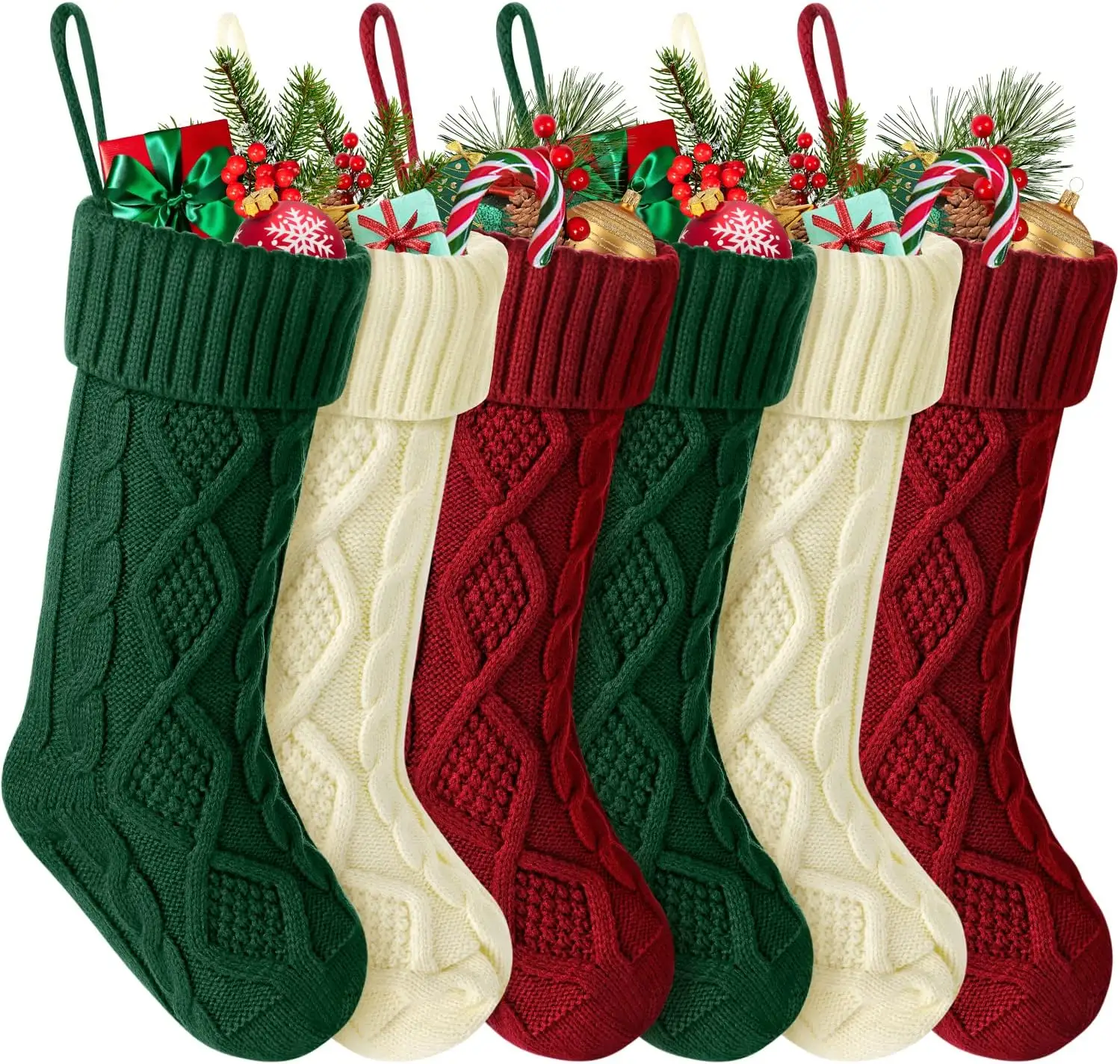 Red Green White Christmas Stockings 18 Inches Large Size Cable Knitted Stocking Gifts for Xmas Family Holiday Party Decorations