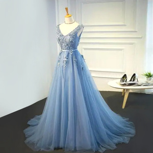 Blue Long Evening Gown Women V Neck Sequined Stage Performance Dress Solid Color Polyester Fabric - Product Image 3