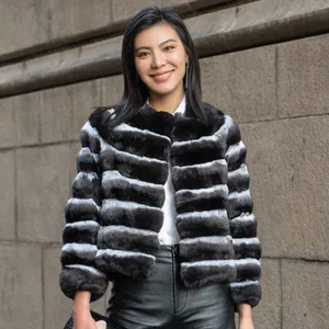 Factory Fashion Price Round Collar 100% Genuine Chinchilla Skin Fur Coat Full Sleeves Striped Thick Real Mink Fur Coats Women