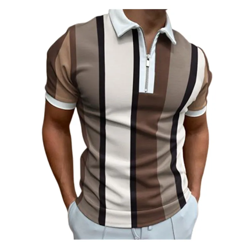 2022 Summer Stripe Print Golf Polos T-shirt For Men Slim Fit Zipper Lapel Designer Short Sleeve Business Casual Polo T Shirt