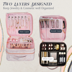 Portable Marble Rose <b>Makeup</b> Bag Travel <b>Case</b> Multi Function 2 Layer Cosmetic Bag Jewellery Storage Organizer with Shoulder Strap - Product Image 2