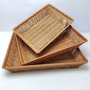 Rectangular Rattan <b>Basket</b> Set Stackable Storage Tray For <b>Bread</b> Fruit Snacks Candy Brown Color - Product Image 1