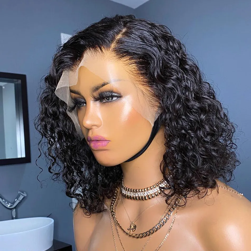 100% natural black Brazilian virgin remy curly human hair fringe bob style cut wig ,Short bob wig with bangs for black women