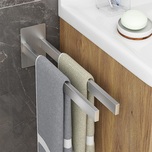 Portasciugamani Portatile in Acciaio Inossidabile <span class=keywords><strong>Argento</strong></span>, Doppio Supporto Adesivo da Parete per Asciugamani da Bagno - Product Image 2