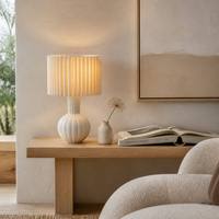 Lampe de table en céramique cannelée, col fin, base d'ampoule, abat-jour plissé crème accordéon, style Japandi nordique, lampe de chevet/bureau E27