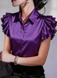 Nouvelle <span class=keywords><strong>Blouse</strong></span> d'été à revers en satin à volants et manches courtes pour <span class=keywords><strong>femme</strong></span> - Product Image 5