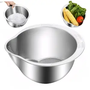 NISEVEN Rice Washer Strainer Bowl Stainless Steel Rinser With Side Drainers Small Colander for Cleaning Fruits,Vegetables,Beans