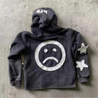 Sweat à capuche zippé pour homme, coupe ample et courte, en tissu épais, délavé à l'acide, avec broderie et appliques patch personnalisées effet vieilli