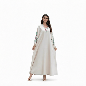 High Quality Women Floral Embroidered Long Sleeve Maxi Abaya V Neck Modest <b>Dress</b> Polyester Loose Fit Daily Wear Spring Seamless - Product Image 2