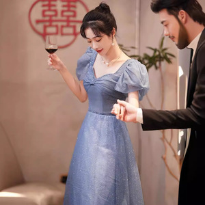 Elegant Blue Evening Gown Sweetheart Neckline Puff Sleeve Formal Dress for Art Exam Host Annual Meeting - Product Image 3