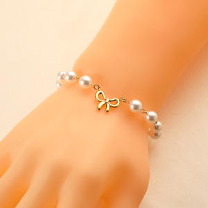 Elegant Glass <strong>Pearl</strong> <strong>Necklace</strong> and Bracelet Set Women Vintage Gold Bow <strong>Pendant</strong> Jewelry Handmade Design for Party - Product Image 4