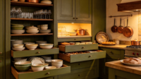 Lemari Dapur Kustom Gaya Rustic Vintage dengan Pulau Dapur, Lemari Shaker Kayu Solid, Perabot Pantry Penyimpanan Besar, Pasokan Grosir