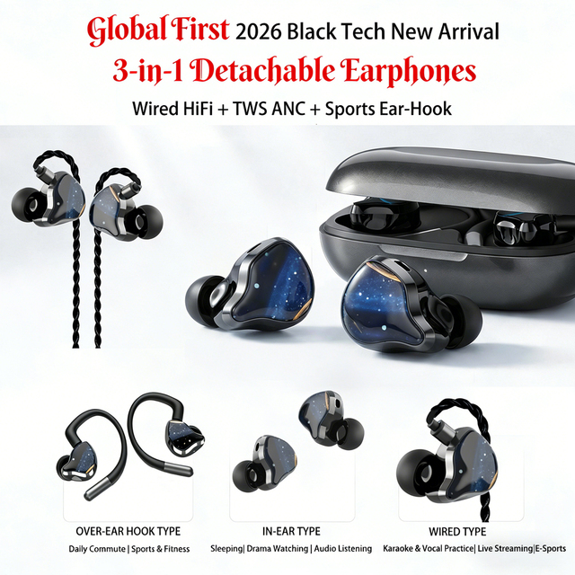 2026 New Arrival 3-in-1 Earbuds with Built-in Sound Card, Wired HiFi & TWS ANC, Sports Ear-Hook, 48H Long Battery Earphones V6.0