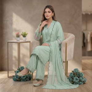 Conjunto de 3 Piezas de Kurta Recta Verde Menta de Moda, Traje Indio Pakistaní para Fiestas, Salwar Kameez de Algodón y Seda, Estilo Casual - Product Image 1