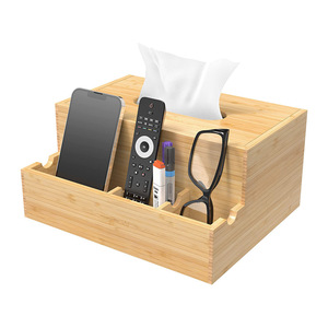 Bamboo Desk Organizer Rectangle Multi Functional Office Storage Box With Tissue Holder For Desktop Use - Product Image 1