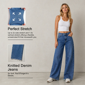 Jeans taille haute en mélange polyester-coton à ourlet brut et jambe <span class=keywords><strong>large</strong></span>, en denim mélangé <span class=keywords><strong>pour</strong></span> <span class=keywords><strong>femme</strong></span>, <span class=keywords><strong>pour</strong></span> un usage quotidien décontracté - Product Image 1