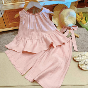 <span class=keywords><strong>Ropa</strong></span> de dos piezas de verano estilo Casual patrón sólido manga superior pierna <span class=keywords><strong>ancha</strong></span> pantalones de mezclilla suave <span class=keywords><strong>ropa</strong></span> de niños para niñas nuevo 2025 - Product Image 1