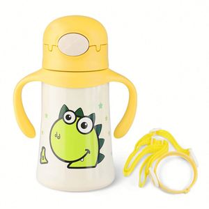 Tasse d'apprentissage portable pour bébé avec paille, en acier inoxydable 316, isolée, avec poignée et sangle d'épaule - Product Image 1