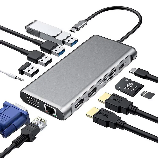 12 in 1 Laptop Docking Station USB Hub 4K Dual Monitor Adapter with 2 HDTV Ethernet 100W PD SD Card Reader for MacBook XPS DELL