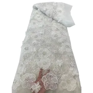 Lady Party Wedding Dress tulle mesh double layers white two-tone 3D Flower Embroidery French Lace Fabric