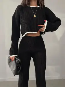Benutzer definierte ODM OEM Neue Strick hose Rundhals ausschnitt Kurzer Pullover Geteilter Strick pullover Anzug Damen 2-teilige Kleidungs sets