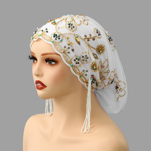 Tessuto di maglia perline tubo abbinato a diamante cappello per Dubai arabia <span class=keywords><strong>musulmano</strong></span> Hijabs da donna in pizzo ricamo perle cappelli - Product Image 2