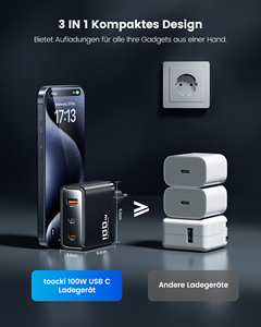 Toocki <span class=keywords><strong>100W</strong></span> GaN <span class=keywords><strong>Chargeur</strong></span> Rapide 3 Ports 2USB-C 1USB-A <span class=keywords><strong>Chargeur</strong></span> Mural PD 3.0 pour Ordinateur Portable Tablette Téléphone Max <span class=keywords><strong>100W</strong></span> Sortie Smart Power - Product Image 5