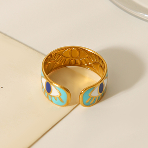 H&C Exquisiter 18K PVD-Vergoldeter Wasserdichter Edelstahl Blaue Teufelsaugen Offener Ring Unisex Allerheiligen-Geschenk - Product Image 5
