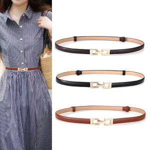 Minimalistischer dünner PU-Damen-Gürtel mit doppelter quadratischer Gliederkette und Legierungsschnalle, verstellbarer schmaler Taillengürtel für Hemden, Kleider und Büro-Outfits - Product Image 6
