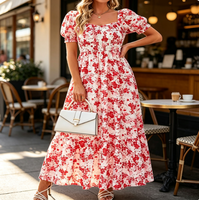 Robe longue trapèze florale populaire pour femme, col carré, taille smockée, manches bouffantes, volants, style décontracté et élégant, idéale pour la plage et les rendez-vous, OEM
