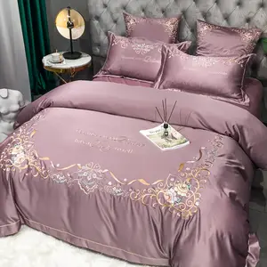 Set di biancheria da letto 4 pezzi di lusso in puro cotone ricamato in seta di puro cotone in stile europeo di lusso