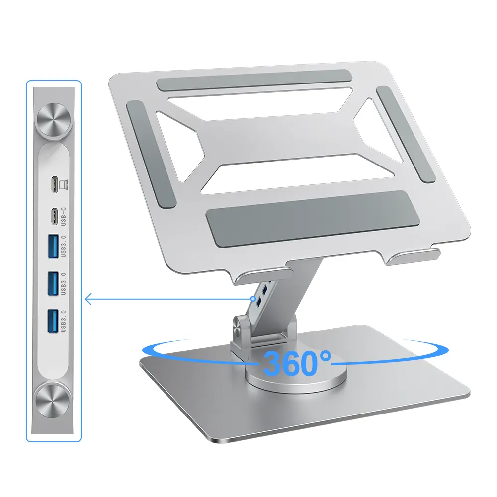 Soporte plegable de aluminio para portátil, hub USB, soporte ajustable para portátil con base giratoria 360 para soporte Hub MacBook