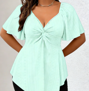 Chemise/Blouse Joyinspring pour femmes grandes tailles, printemps, été, automne, unie, décontractée, col en V, nouée, amincissante, manches courtes, 3D - Product Image 1