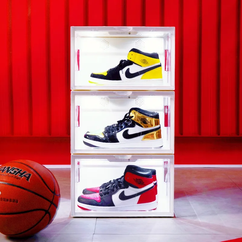 custom logo LED shoe box nike stackable transparent black shoe storage box rack,magnetic foldable drop front shoe storage box