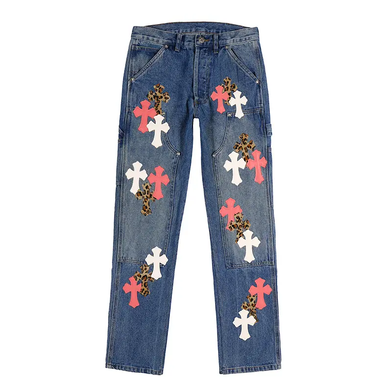 High quality street style embroidery pink cross printed slim plus size men's jeans